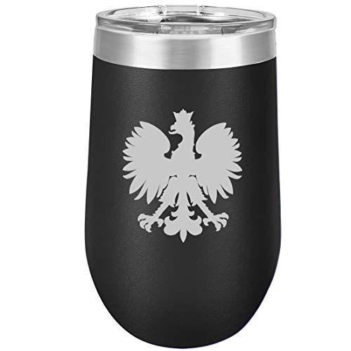 16 oz Double Wall Vacuum Insulated Stainless Steel Stemless Wine Tumbler Glass Coffee Travel Mug With Lid Poland Polish Eagle (Black)