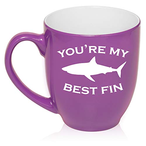 16 oz Large Bistro Mug Ceramic Coffee Tea Glass Cup You're My Best Fin Friend Shark (Purple)