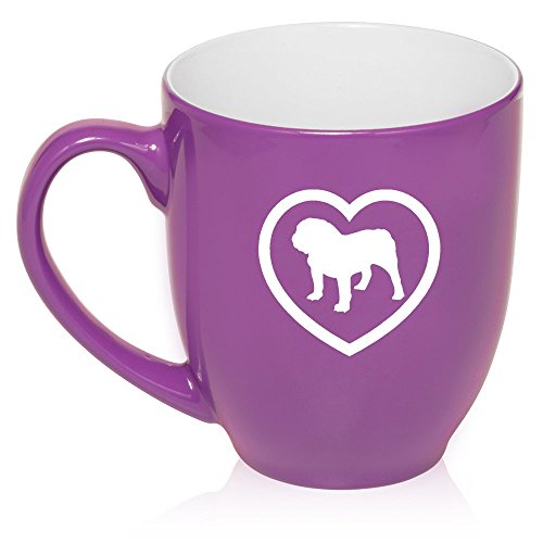 16 oz Large Bistro Mug Ceramic Coffee Tea Glass Cup Bulldog Heart (Purple)