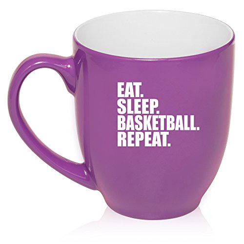 16 oz Large Bistro Mug Ceramic Coffee Tea Glass Cup Eat Sleep Basketball Repeat (Purple)