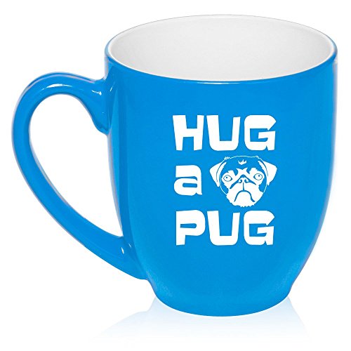16 oz Large Bistro Mug Ceramic Coffee Tea Glass Cup Hug a Pug (Light Blue)