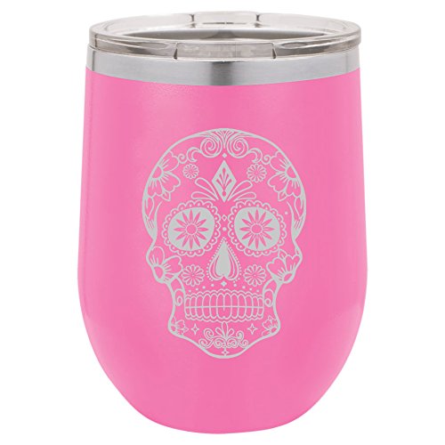 12 oz Double Wall Vacuum Insulated Stainless Steel Stemless Wine Tumbler Glass Coffee Travel Mug With Lid Sugar Candy Skull (Hot-Pink)