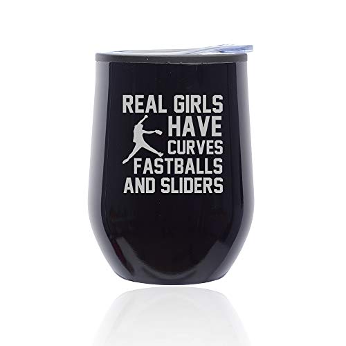 Stemless Wine Tumbler Coffee Travel Mug Glass With Lid Real Girls Curves Softball (Midnight Black)