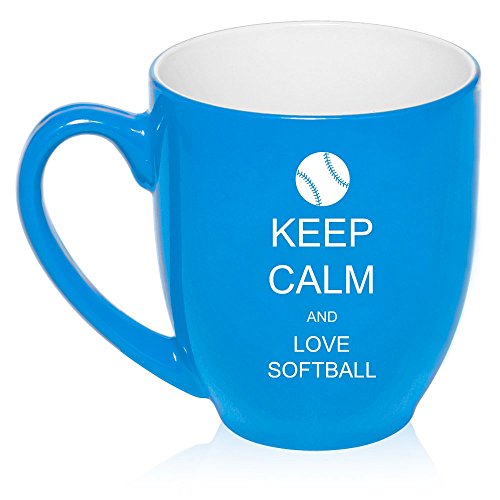 16 oz Large Bistro Mug Ceramic Coffee Tea Glass Cup Keep Calm and Love Softball (Light Blue)