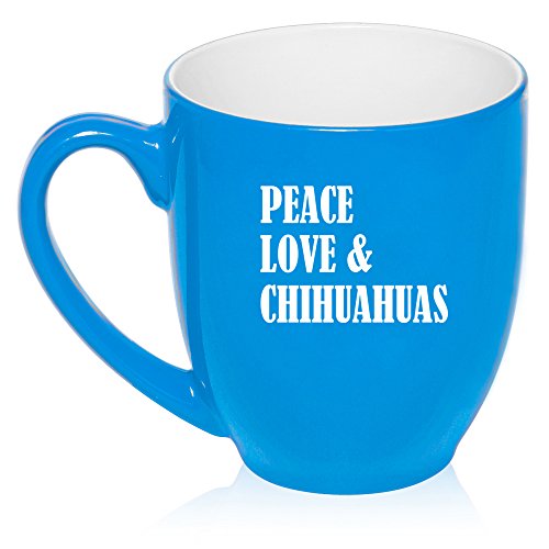 16 oz Large Bistro Mug Ceramic Coffee Tea Glass Cup Peace Love & Chihuahuas (Light Blue)