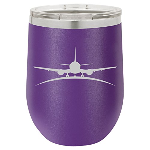 12 oz Double Wall Vacuum Insulated Stainless Steel Stemless Wine Tumbler Glass Coffee Travel Mug With Lid Airplane Pilot Flight Attendant (Purple)