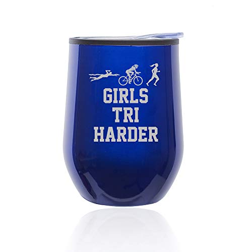 Stemless Wine Tumbler Coffee Travel Mug Glass With Lid Triathlon Girls Tri Harder Swim Bike Run (Blue)