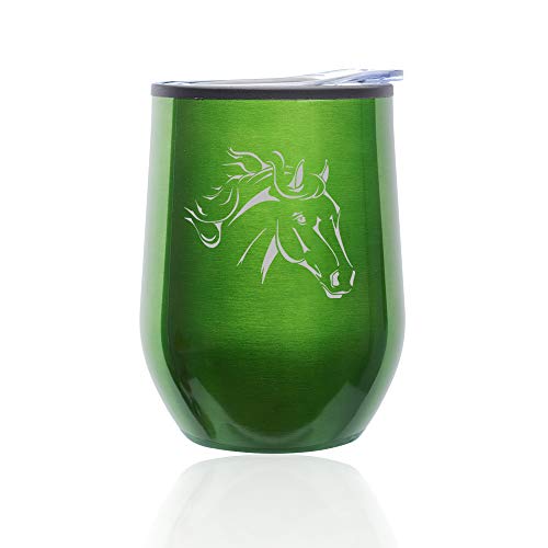 Stemless Wine Tumbler Coffee Travel Mug Glass With Lid Horse Head (Green)