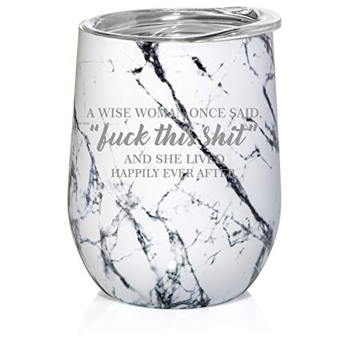 12 oz Double Wall Vacuum Insulated Stainless Steel Marble Stemless Wine Tumbler Glass Coffee Travel Mug With Lid A Wise Woman Once Said Funny (Black White Marble)