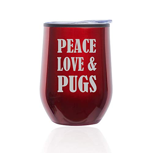 Stemless Wine Tumbler Coffee Travel Mug Glass With Lid Peace Love & Pugs (Red)