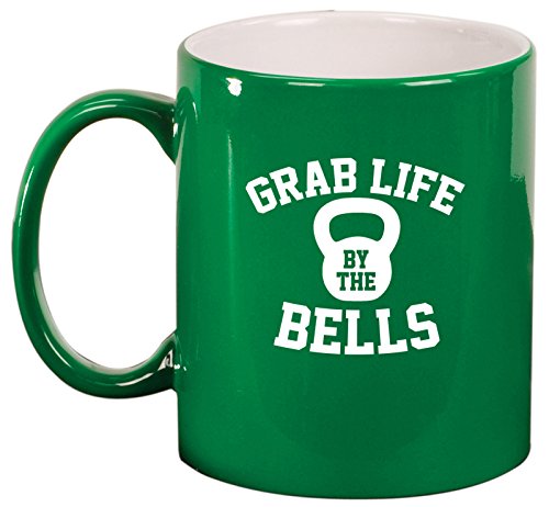 Ceramic Coffee Tea Mug Grab Life By The Bells Kettlebell Funny Workout Fitness (Green)