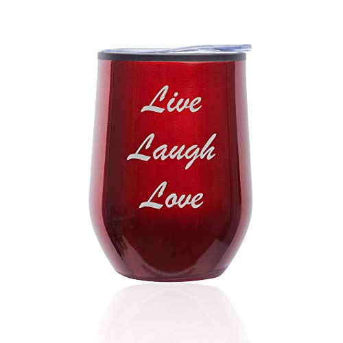 Stemless Wine Tumbler Coffee Travel Mug Glass With Lid Live Laugh Love (Red)