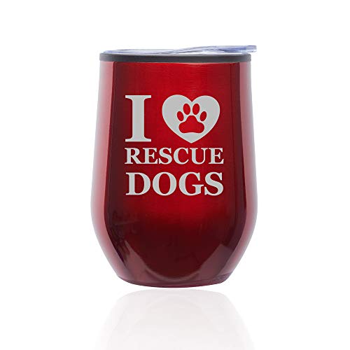 Stemless Wine Tumbler Coffee Travel Mug Glass With Lid I Heart Love Rescue Dogs (Red)