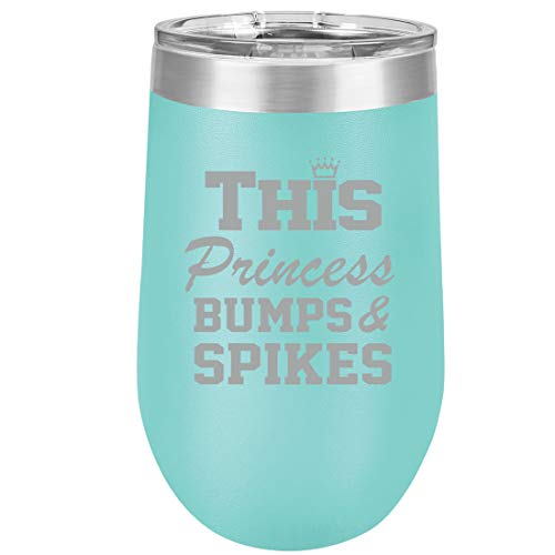 16 oz Double Wall Vacuum Insulated Stainless Steel Stemless Wine Tumbler Glass Coffee Travel Mug With Lid This Princess Bumps & Spikes Volleyball (Teal)
