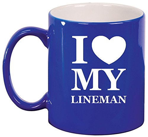 Ceramic Coffee Tea Mug Cup I Love Heart My Lineman (Blue)