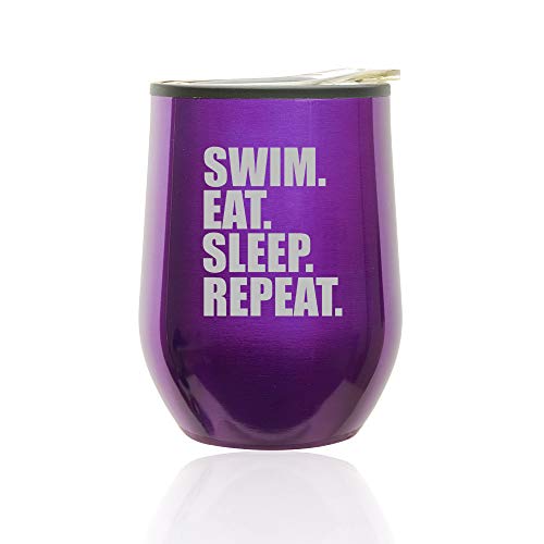 Stemless Wine Tumbler Coffee Travel Mug Glass With Lid Swim Eat Sleep Repeat (Royal Purple)
