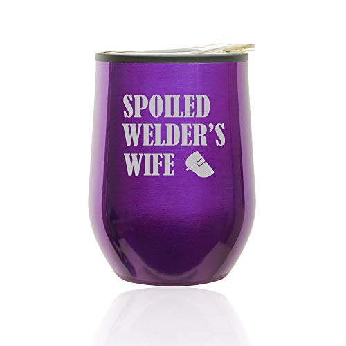 Stemless Wine Tumbler Coffee Travel Mug Glass With Lid Spoiled Welder's Wife (Royal Purple)