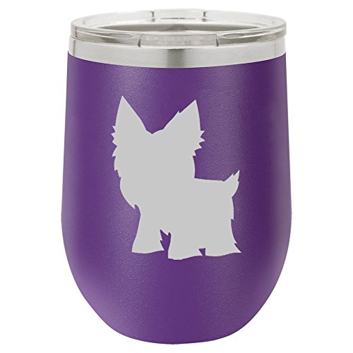 12 oz Double Wall Vacuum Insulated Stainless Steel Stemless Wine Tumbler Glass Coffee Travel Mug With Lid Yorkie (Purple)