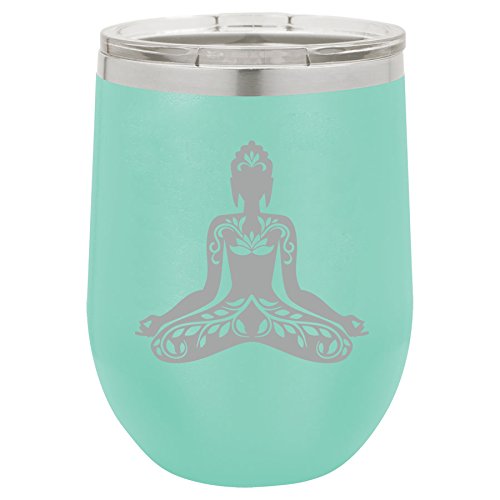 12 oz Double Wall Vacuum Insulated Stainless Steel Stemless Wine Tumbler Glass Coffee Travel Mug With Lid Buddha Yoga Lotus (Teal)