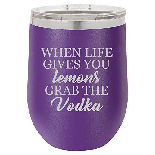 12 oz Double Wall Vacuum Insulated Stainless Steel Stemless Wine Tumbler Glass Coffee Travel Mug With Lid When Life Gives You Lemons Grab The Vodka Funny (Purple)