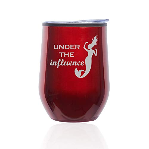 Stemless Wine Tumbler Coffee Travel Mug Glass With Lid Under The Influence Mermaid Funny (Red)