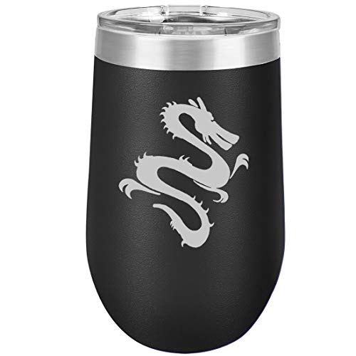 16 oz Double Wall Vacuum Insulated Stainless Steel Stemless Wine Tumbler Glass Coffee Travel Mug With Lid Dragon (Black)
