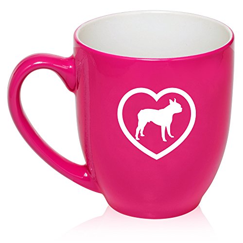 16 oz Hot Pink Large Bistro Mug Ceramic Coffee Tea Glass Cup Boston Terrier Heart