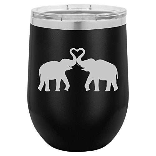 12 oz Double Wall Vacuum Insulated Stainless Steel Stemless Wine Tumbler Glass Coffee Travel Mug With Lid Elephants Making Heart (Black)