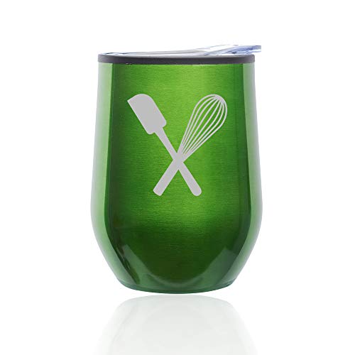 Stemless Wine Tumbler Coffee Travel Mug Glass With Lid Spatula & Whisk Baking (Green)