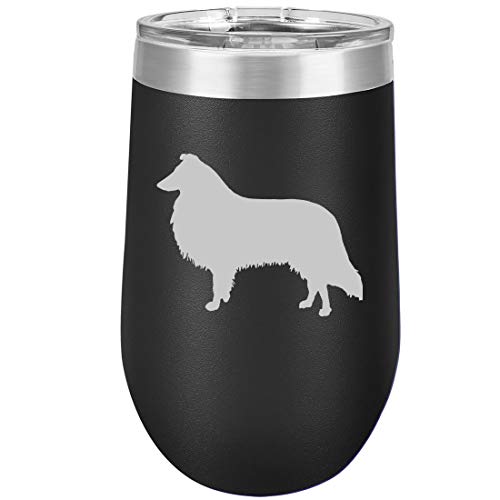 16 oz Double Wall Vacuum Insulated Stainless Steel Stemless Wine Tumbler Glass Coffee Travel Mug With Lid Collie (Black)