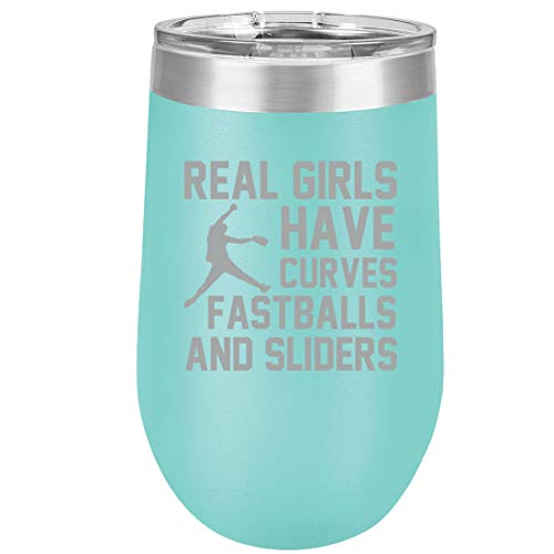 16 oz Double Wall Vacuum Insulated Stainless Steel Stemless Wine Tumbler Glass Coffee Travel Mug With Lid Real Girls Curves Softball (Teal)