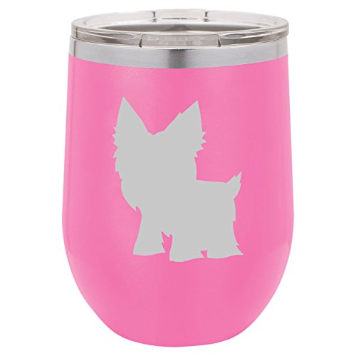 12 oz Double Wall Vacuum Insulated Stainless Steel Stemless Wine Tumbler Glass Coffee Travel Mug With Lid Yorkie (Hot-Pink)