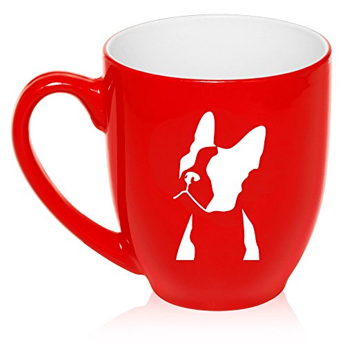16 oz Large Bistro Mug Ceramic Coffee Tea Glass Cup Boston Terrier Face (Red)