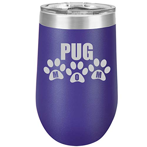 16 oz Double Wall Vacuum Insulated Stainless Steel Stemless Wine Tumbler Glass Coffee Travel Mug With Lid Pug Mom (Purple)