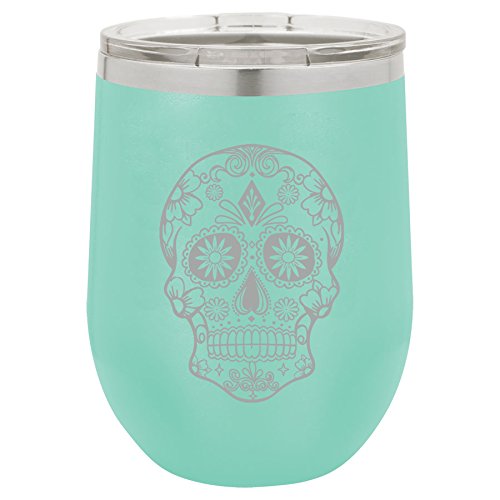 12 oz Double Wall Vacuum Insulated Stainless Steel Stemless Wine Tumbler Glass Coffee Travel Mug With Lid Sugar Candy Skull (Teal)