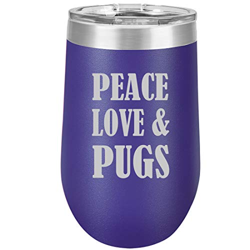 16 oz Double Wall Vacuum Insulated Stainless Steel Stemless Wine Tumbler Glass Coffee Travel Mug With Lid Peace Love & Pugs (Purple)