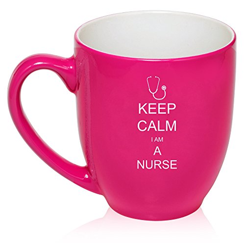 16 oz Hot Pink Large Bistro Mug Ceramic Coffee Tea Glass Cup Keep Calm I Am A Nurse