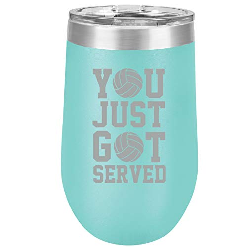 16 oz Double Wall Vacuum Insulated Stainless Steel Stemless Wine Tumbler Glass Coffee Travel Mug With Lid You Just Got Served Volleyball (Teal)