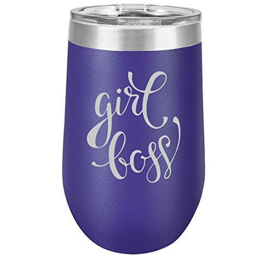16 oz Double Wall Vacuum Insulated Stainless Steel Stemless Wine Tumbler Glass Coffee Travel Mug With Lid Girl Boss (Purple)