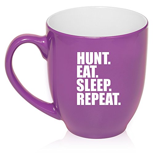 16 oz Large Bistro Mug Ceramic Coffee Tea Glass Cup Hunt Eat Sleep Repeat Hunting (Purple)