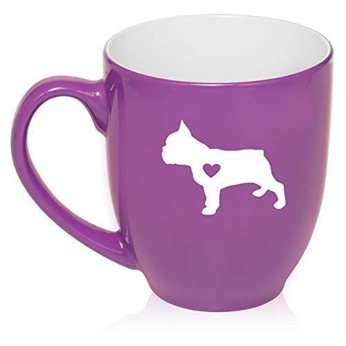 16 oz Large Bistro Mug Ceramic Coffee Tea Glass Cup Cute French Bulldog With Heart (Purple)