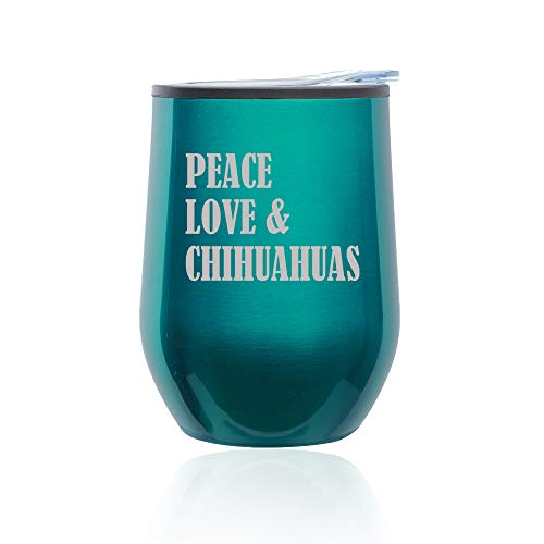 Stemless Wine Tumbler Coffee Travel Mug Glass With Lid Peace Love & Chihuahuas (Turquoise Teal)