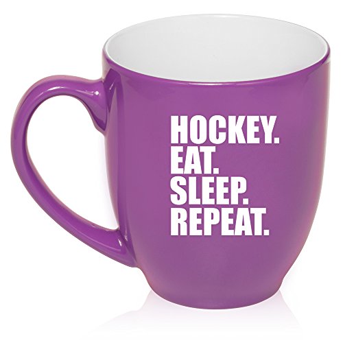 16 oz Large Bistro Mug Ceramic Coffee Tea Glass Cup Hockey Eat Sleep Repeat (Purple)