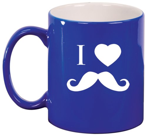 I Love Heart Mustache Ceramic Coffee Tea Mug Cup Blue