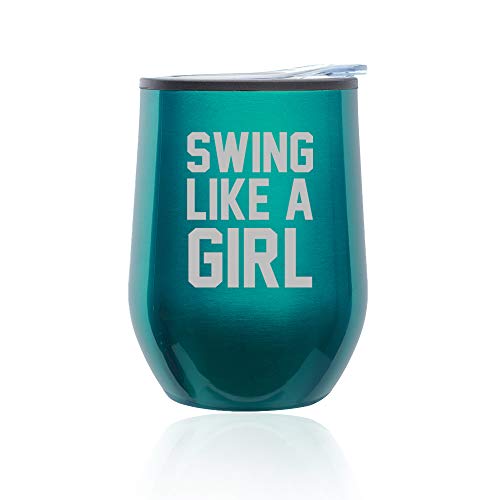 Stemless Wine Tumbler Coffee Travel Mug Glass With Lid Swing Like A Girl Golf Softball Kettlebell (Turquoise Teal)