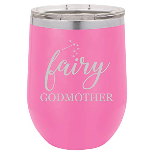 12 oz Double Wall Vacuum Insulated Stainless Steel Stemless Wine Tumbler Glass Coffee Travel Mug With Lid Fairy Godmother (Hot Pink)