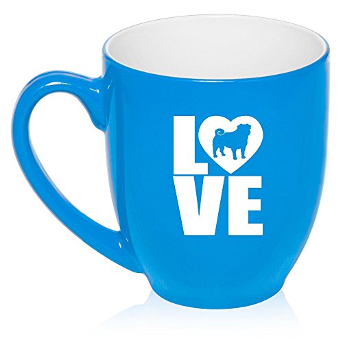16 oz Large Bistro Mug Ceramic Coffee Tea Glass Cup Love Pug (Light Blue)