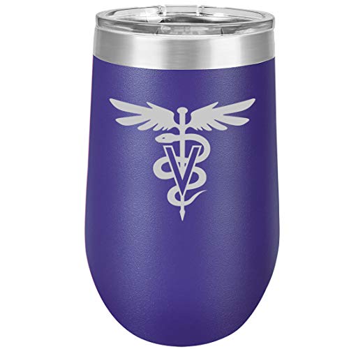16 oz Double Wall Vacuum Insulated Stainless Steel Stemless Wine Tumbler Glass Coffee Travel Mug With Lid Vet Vetinarian Symbol (Purple)