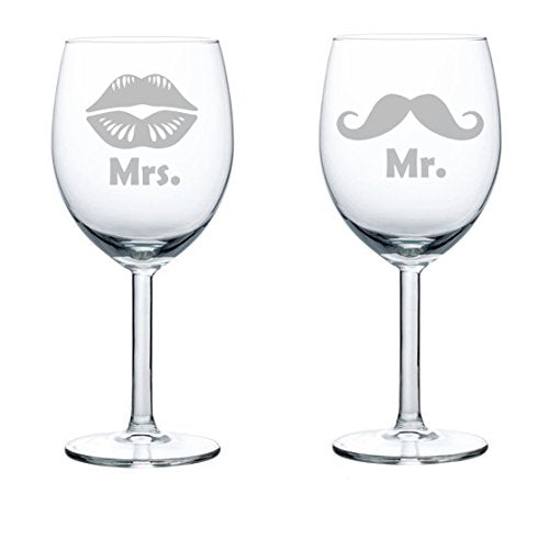 Set of 2 Wine Glasses Wedding Married Couple Mr. Mrs. Mustache Lips (10 oz)