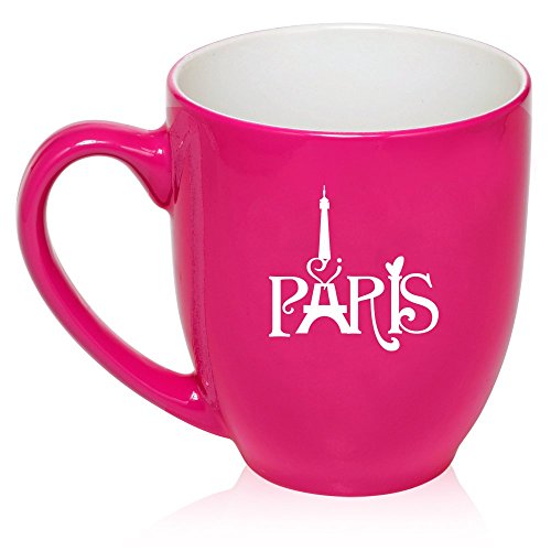 16 oz Large Bistro Mug Ceramic Coffee Tea Glass Cup Paris Eiffel Tower Heart Love (Hot Pink)